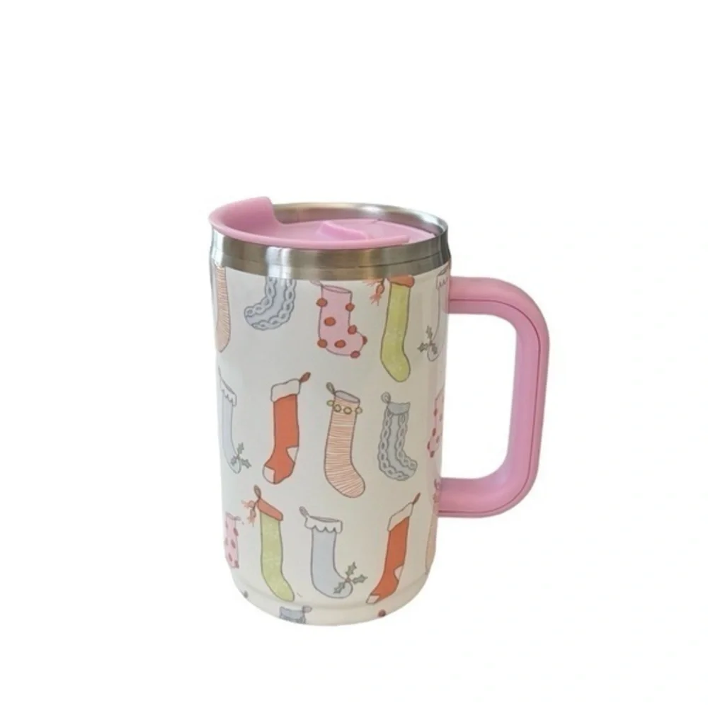 Sara Fitz Holiday Christmas Sock Print Pink Coffee‎ Tea Travel Mug Tumbler